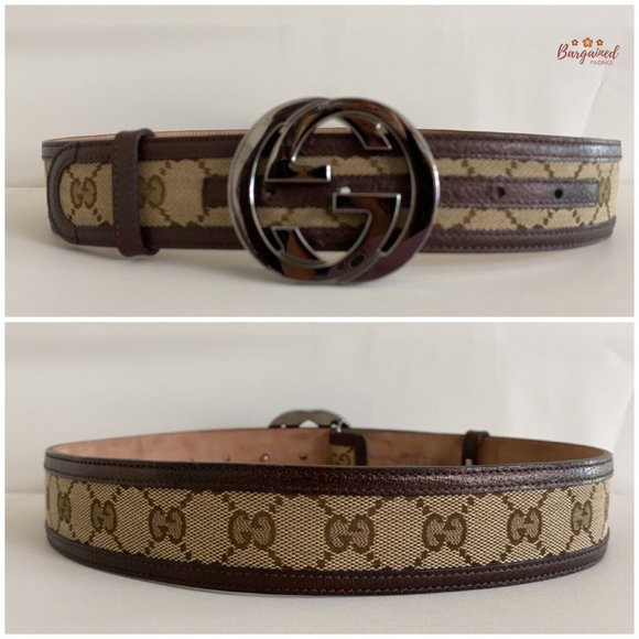 Authentic GUCCI Brown Monogram Canvas Silver Interlocking G Buckle Belt 75/30 - Picture 5 of 13